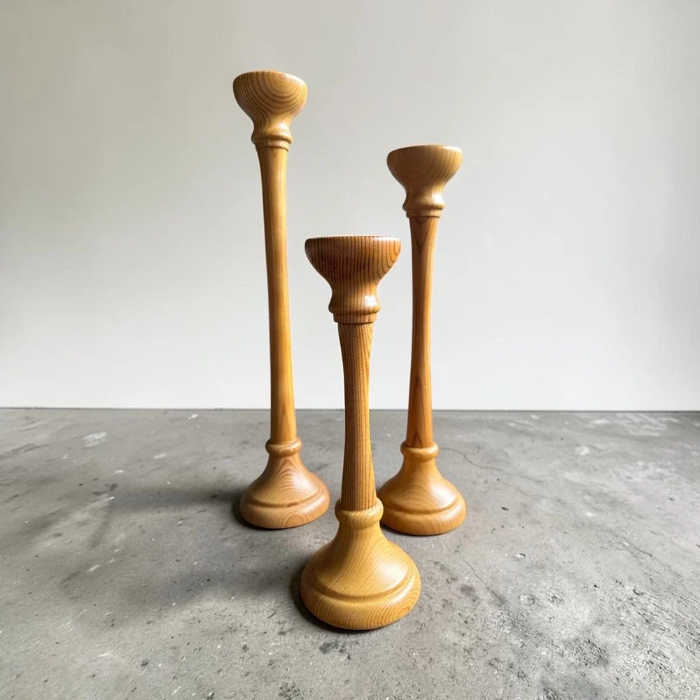 Mid Century Modern Pine Tapered Candlestick Trio Set 13.5